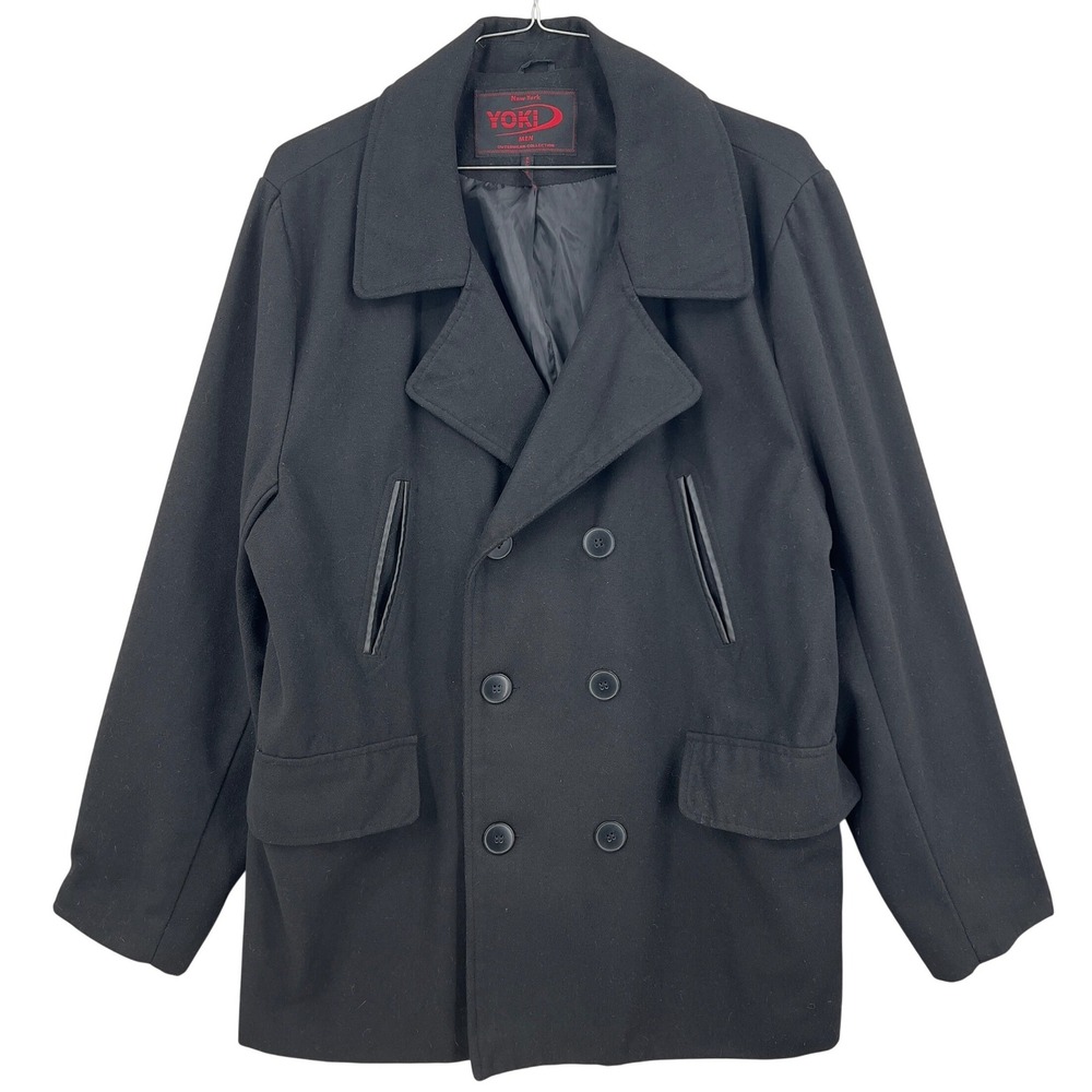 Yoki New York Mens Pea Coat Black Double Breasted Lined Wool Blend Jacket XL